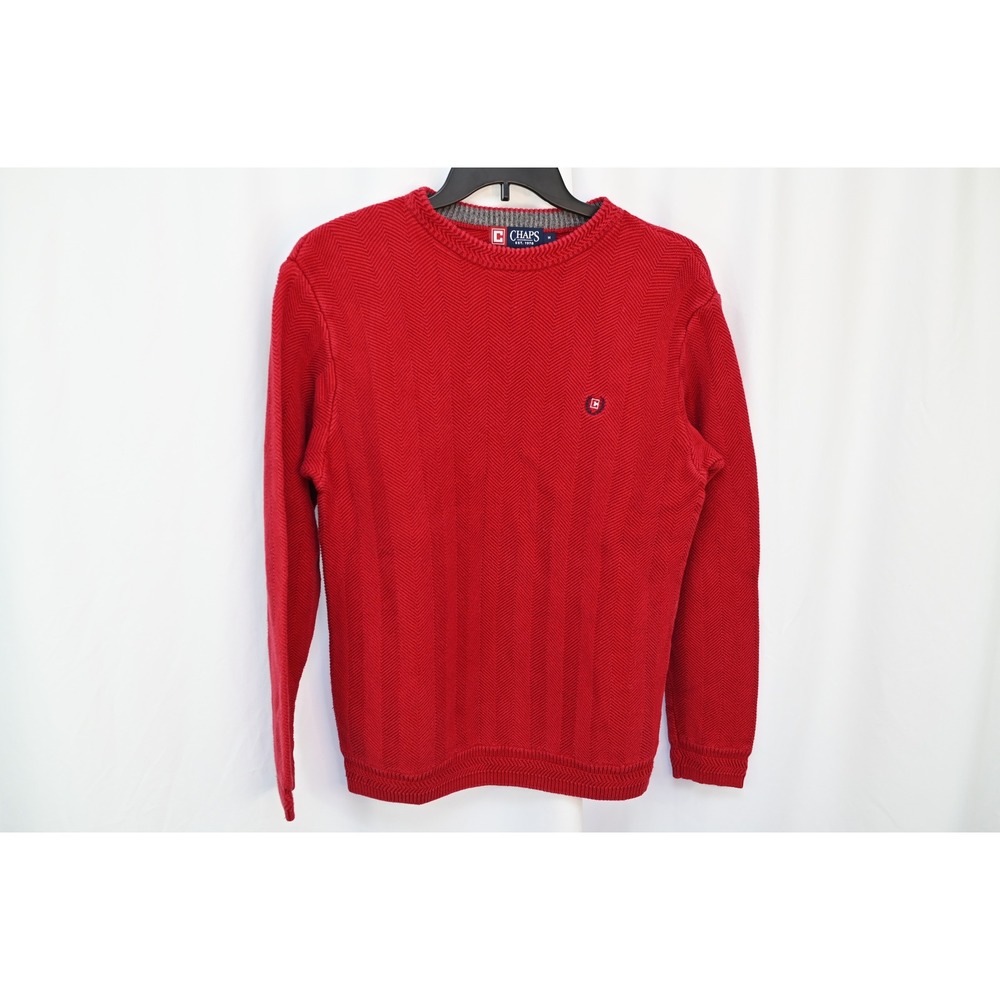Chaps Mens Red Herringbone Cotton Knit Crewneck Sweater Medium Pullover Logo